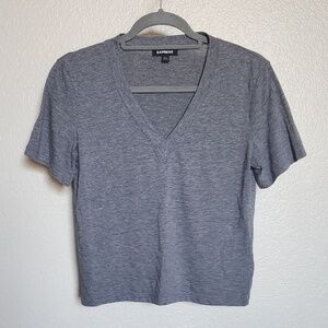 EXPRESS - SKIMMING LINEN-BLEND V-NECK TEE - HEATHER GRAY - SIZE XS